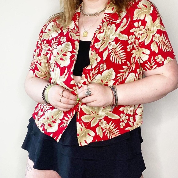 red & tan semi-crop hawaiian print shirt size xxl - Picture 3 of 4
